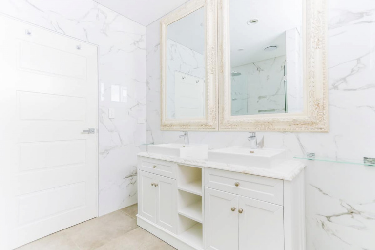 Master Bathroom Renovations photo Master-Bathroom-Renovation-in-Sylvania-Sydney-with-two-mirrors