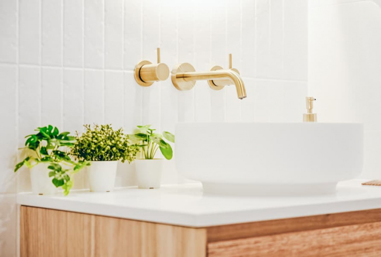 Complete Bathroom Renovation in Sydney with terrazo floor tiles by Nu Trend renovating contractor Staples Tasmanian Oak Vanity