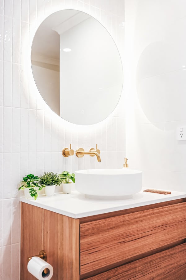 Complete Bathroom Renovation in Sydney With Terrazo Floor Tiles photo Complete Bathroom Renovation in Sydney with terrazo floor tiles by Nu Trend renovating contractor install a Staples Tasmanian Oak Vanity and LED Mirror