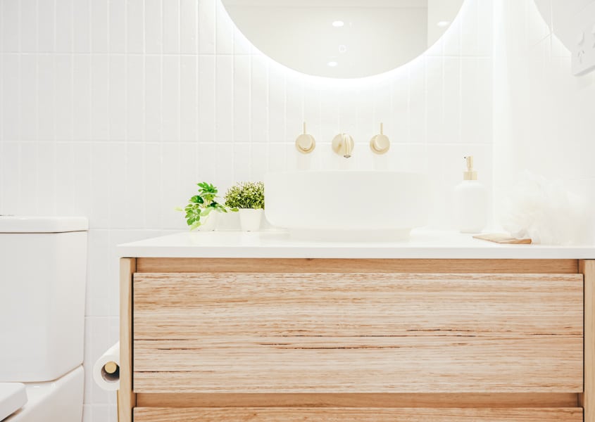 Complete Bathroom Renovation in Sydney With Terrazo Floor Tiles photo Complete Bathroom Renovation in Sydney with terrazo floor tiles by Nu Trend renovating contractor installing a Eden White Round Basin