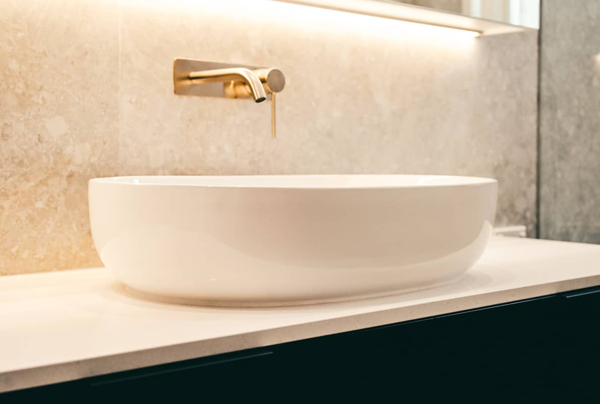 Luxury Master Bathroom Renovator in Sydney vanity sink on Caesarstone organic white stone top