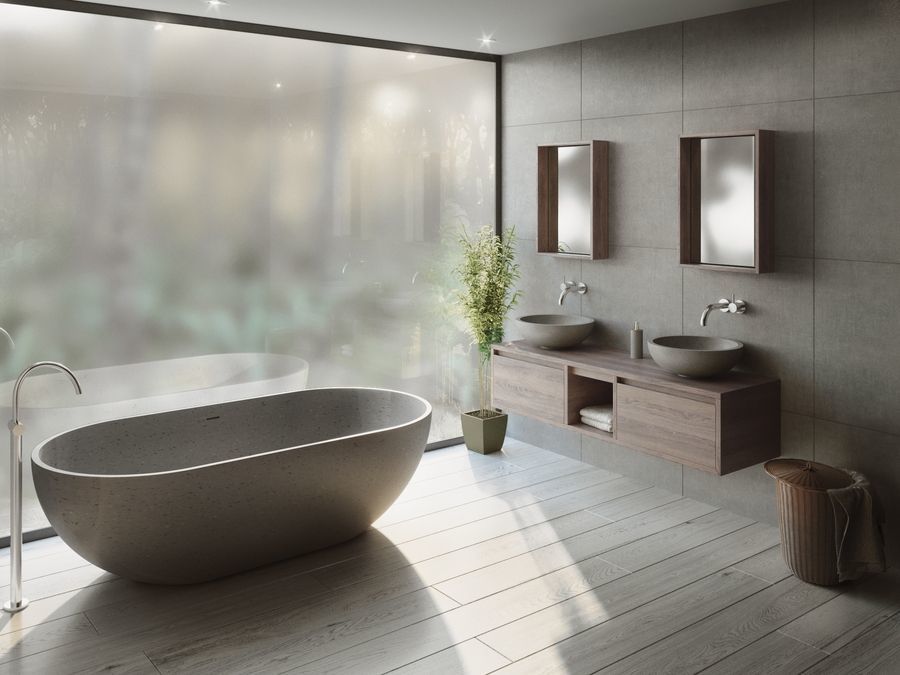 day spa styled bathroom with floor to ceiling window