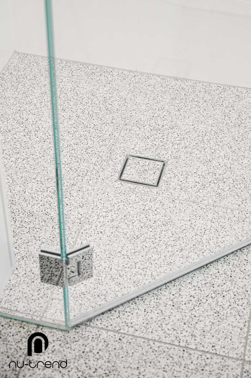 Master bathroom renovation for a Strathfield townhouse photo Nu Trend Sydney Renovation Company completed master bathroom with Agatte White Terrazzo floor tiles