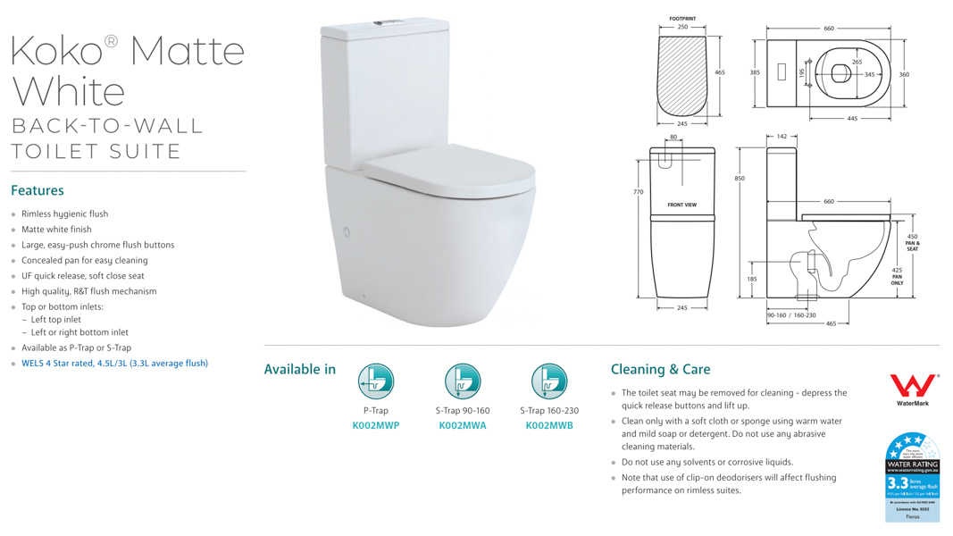 Fienza Koko Matt White back to wall toilet suite in P or S Trap