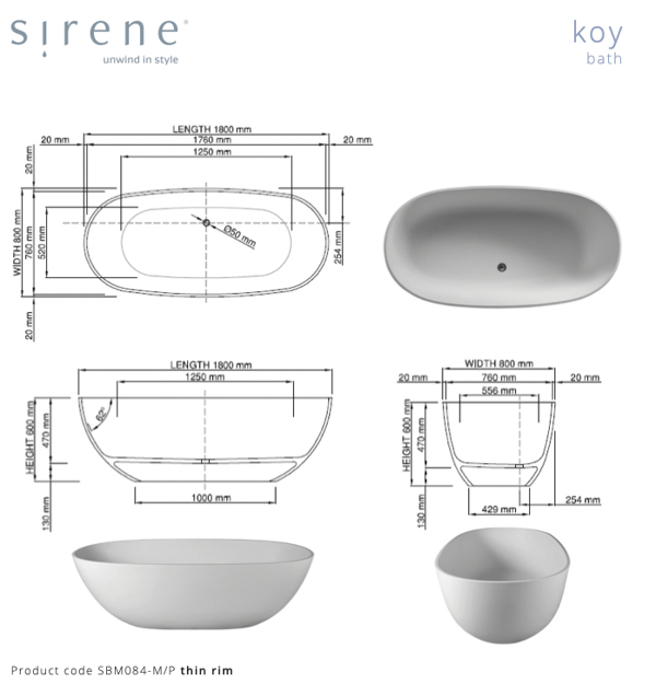 Sirene Koy free standing bath technical drawings SBM M P with a thin rim
