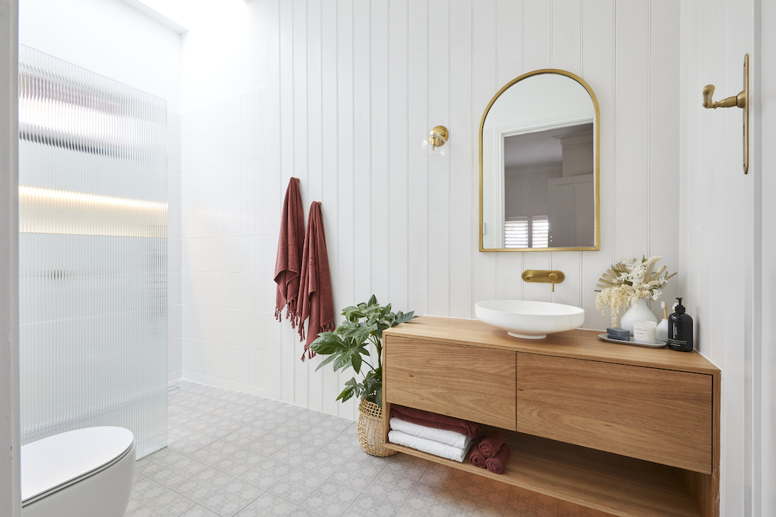 Biophilic design ideas for your bathroom renovation VJ Panelling in The Block Bathroom