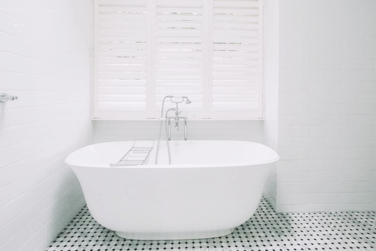 Hurstville Small Bathroom Renovation For A Unit photo Master Bathroom Renovation in white with Freestanding Bath from Victoria Albert 1