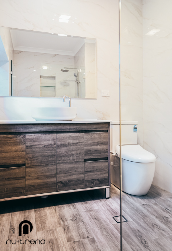 Bathroom renovation with timber look floor tiles MAXIMO 1200X460X850 FREE STANDING VANITY CABINET