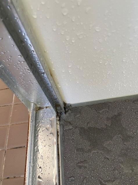 Mold on shower screen door due to the amount of water trapped beneath the door and tiles