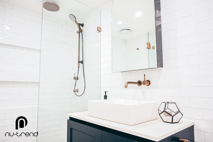 Unit bathroom renovation replace bath with shower new vanity installed