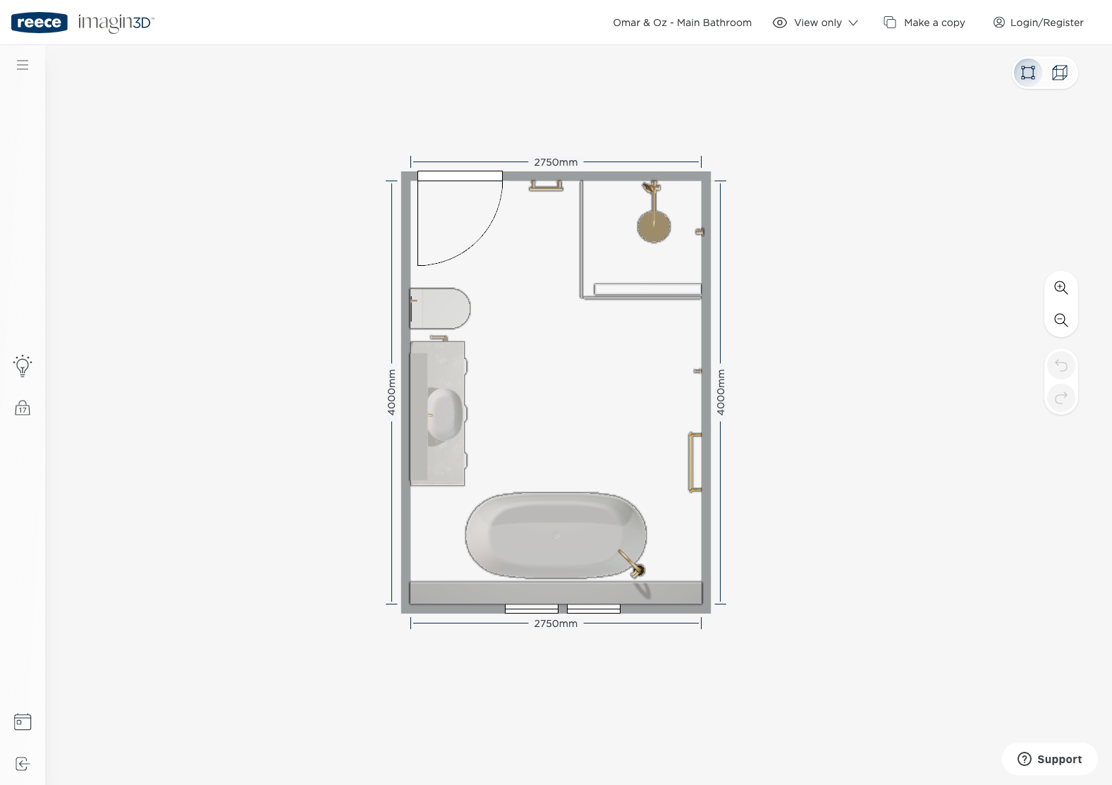 2D floor plan layout sample for a 2750 mm by 4000 mm bathroom layout