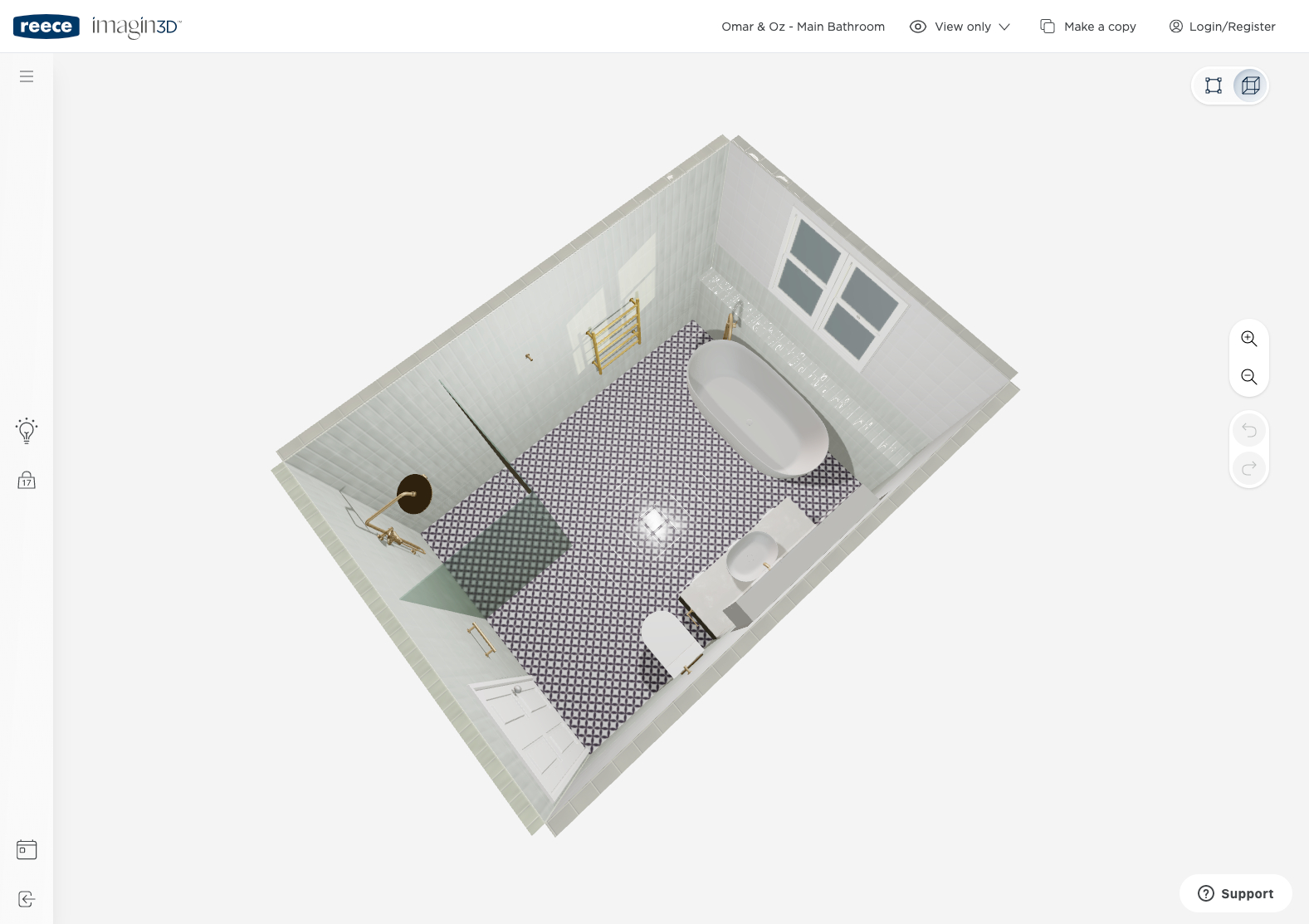 3D virtual top down view sample for a 2750 mm by 4000 mm bathroom layout