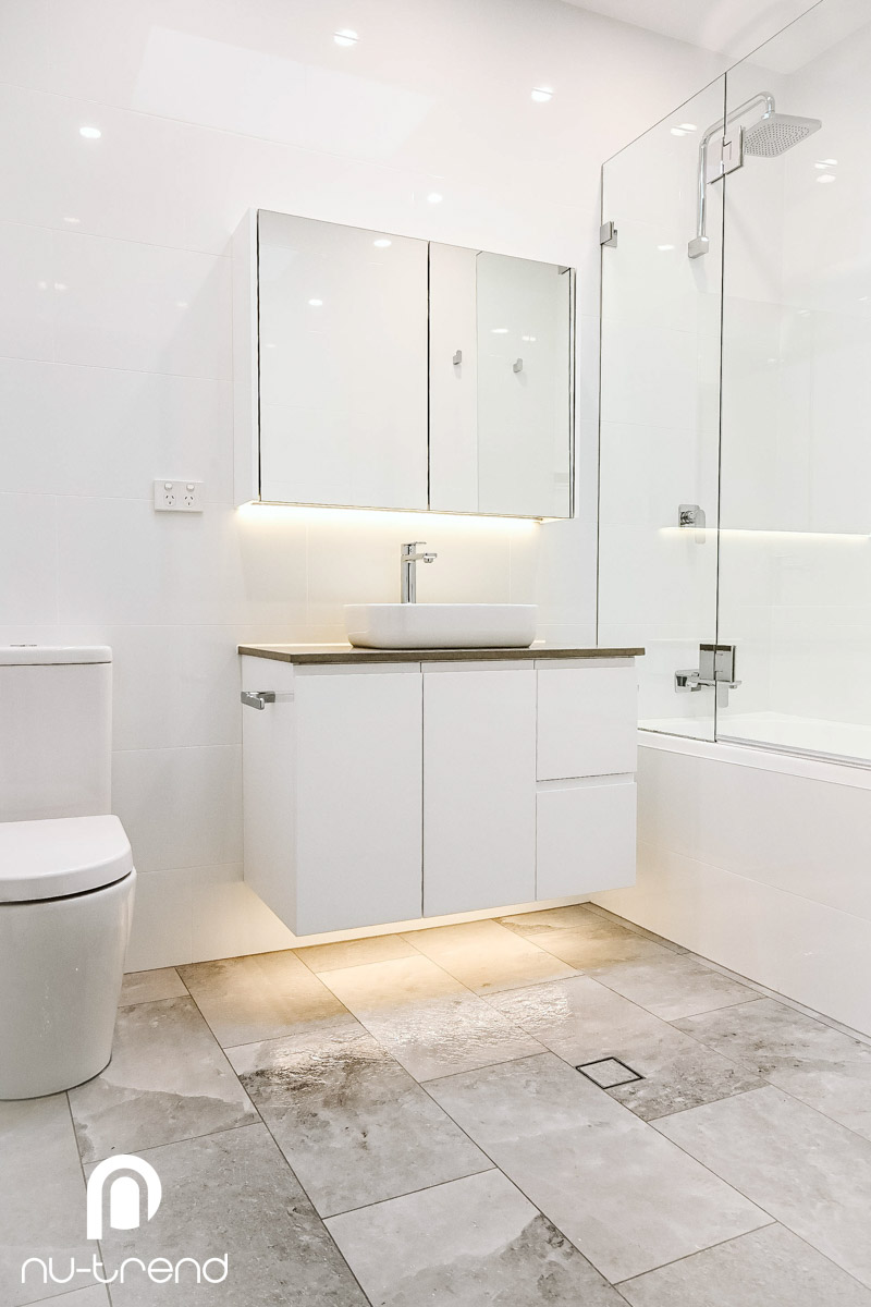 Complete bathroom renovation Leichhardt vanity floor lighting