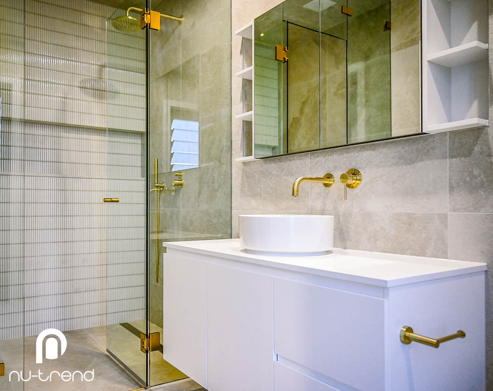 Steam shower installation with white vanity