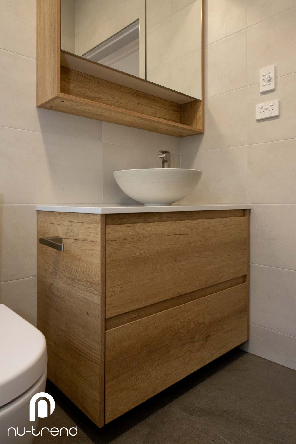 Complete bathroom renovation Maroubra Sydney timber vanity white sink