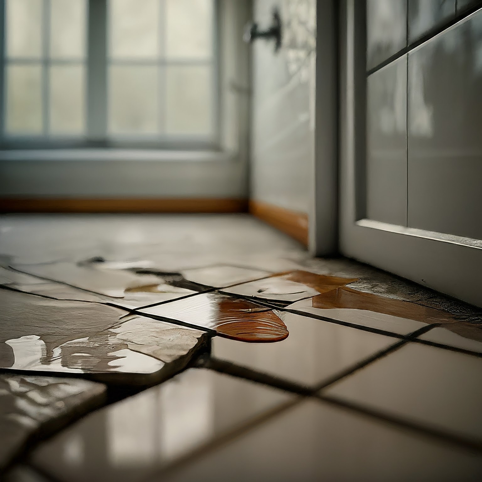 Close up of a damaged subfloor with broken tiles