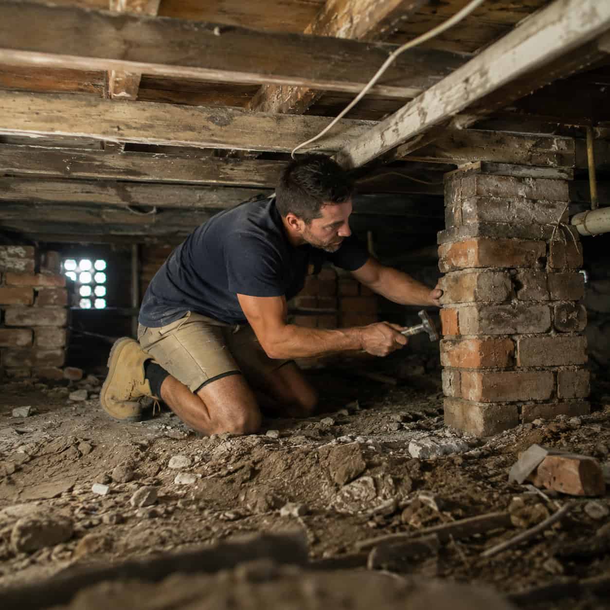 Master bathroom renovations Sydney photo Bathroom renovator checking the subfloor