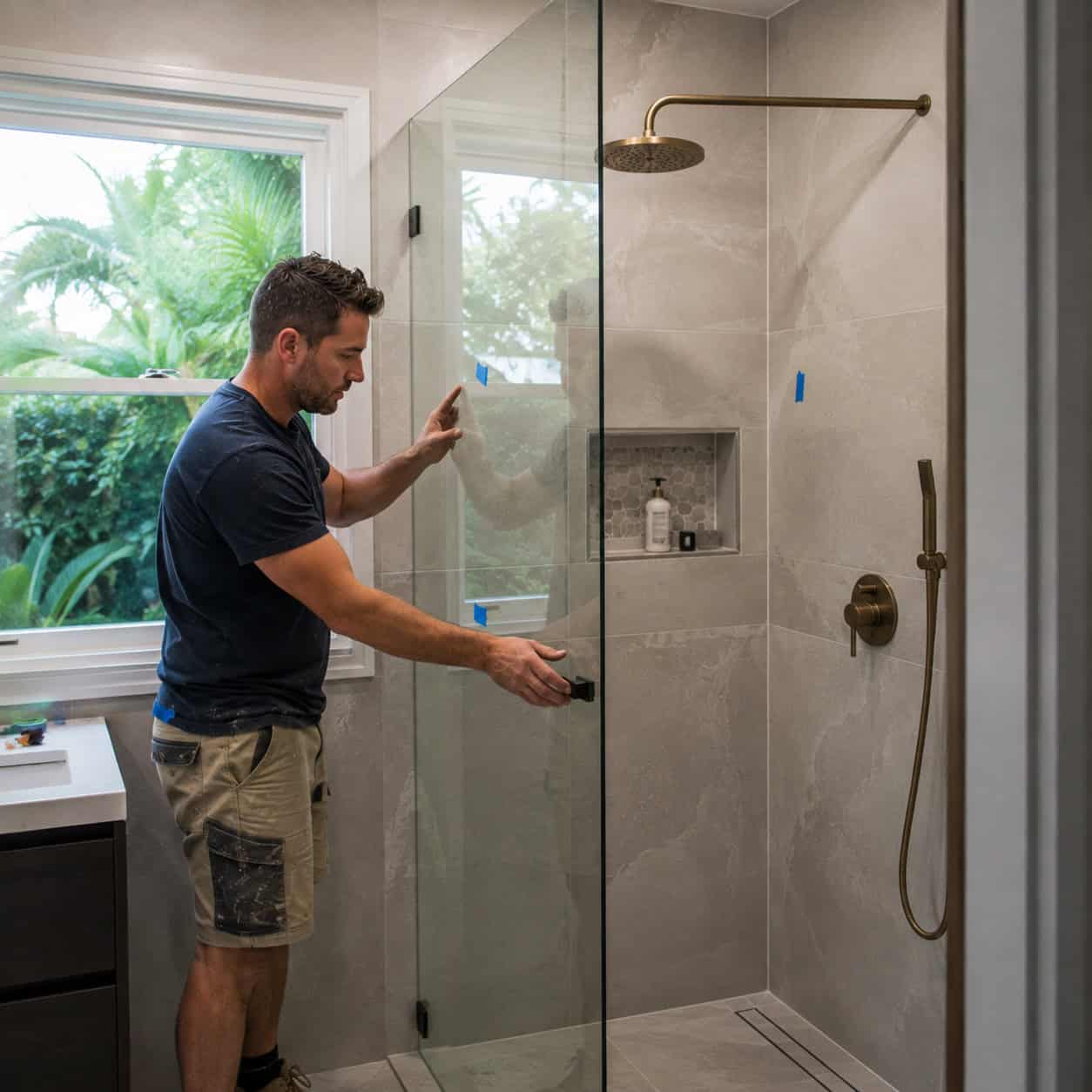 Master bathroom renovations Sydney photo Bathroom renovator installing custom shower screen