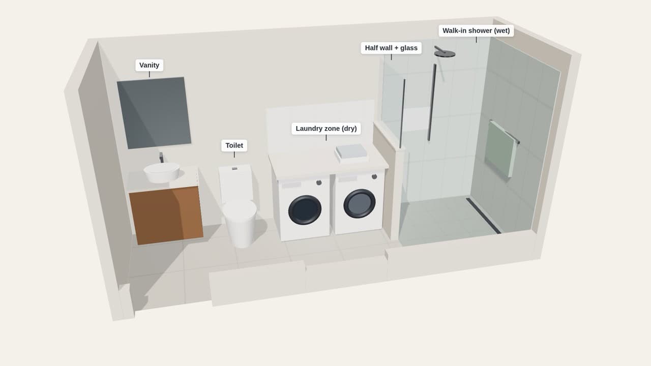 Combined bathroom and laundry visual mock up machines side by side