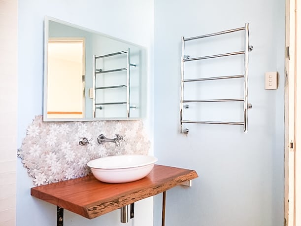 A small bathroom renovation in Mosman with hand cut tiles from Di Lorenzo and custom timber vanity by Nu Trend