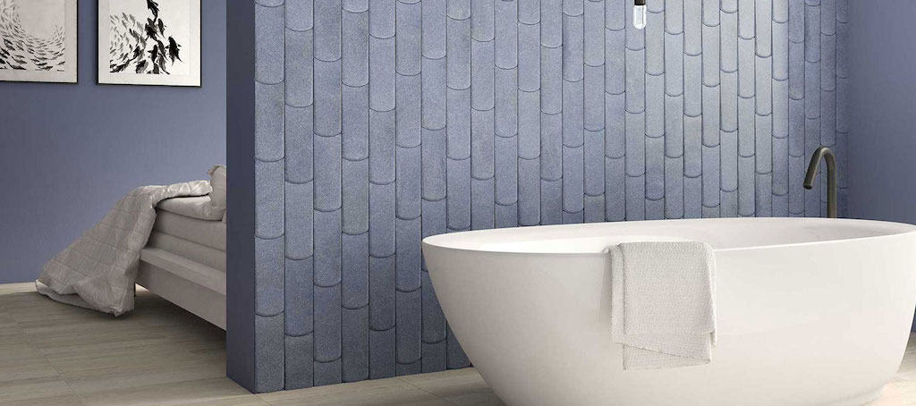Why using hand cut tiles for your bathroom a good idea photo Di Lorenzo bathroom tile in the Boho 3D Tile Range in Blue Raku