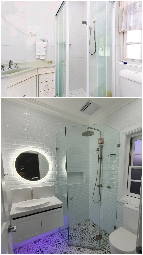 Ensuite bathroom renovation with shower before and after comparison that was done by Nu Trend a Sydney renovation company