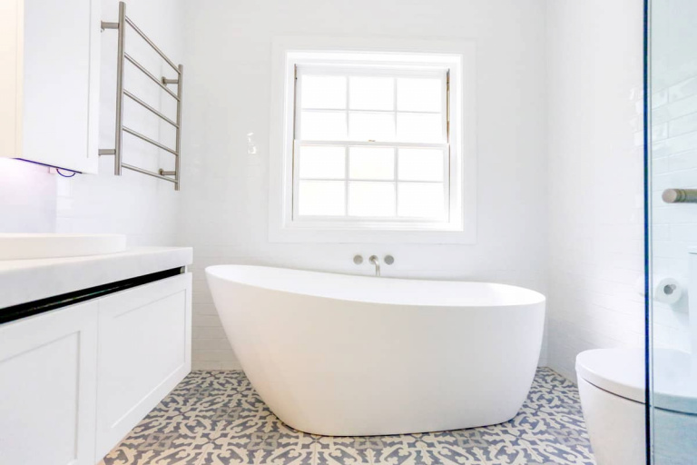 Commercial Bathroom Construction Sydney photo Master Bathroom Renovation with free standing bath and frameless corner shower with products from Reece Plumbing installed by local renovator Nu Trend