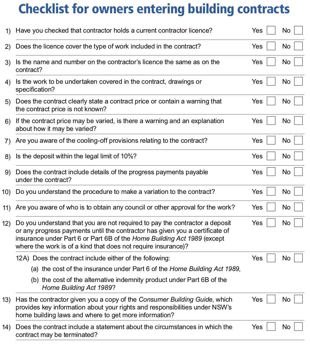 NSW Departmen of Fair Trading Home Building Contract Over 20000 Checklist for Owners Entering Building Contracts