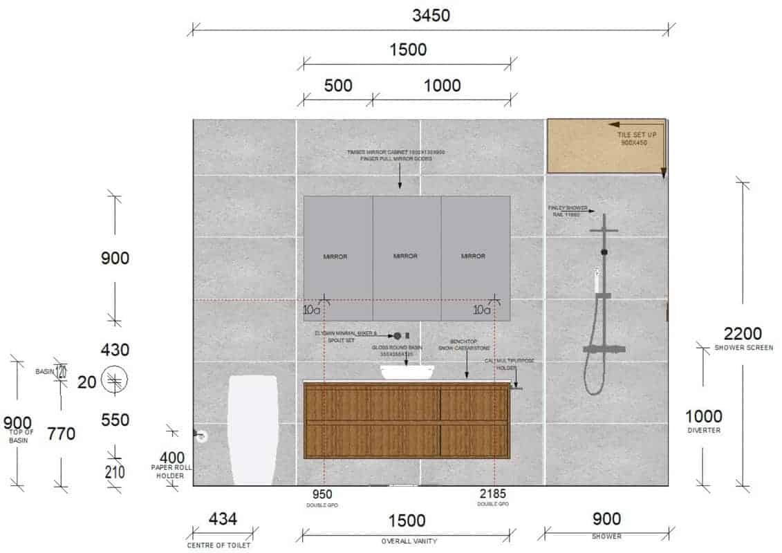 Nu Trend Small Bathroom Renovation Design 2D Plan Sample with Abi Interiors Tapware and Just In Place Vanity