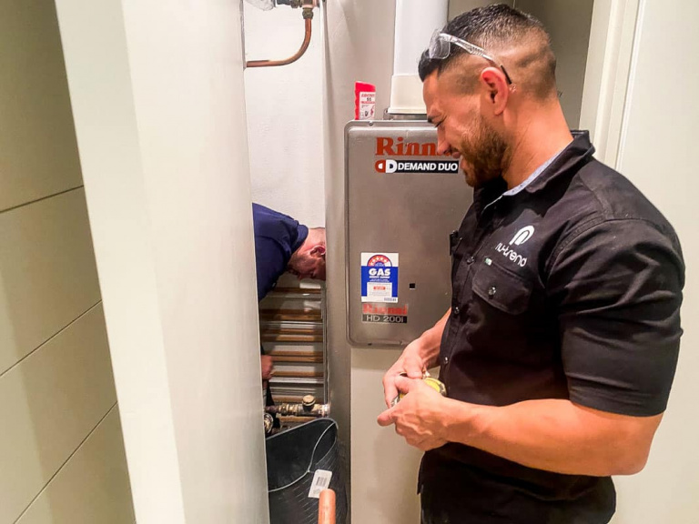 Nu Trend Sydney Plumber Rinnai Hot Water System Repair For Swing Check Valve to Prevent loss of hot water back charge cross connection prevent dead legs on a property