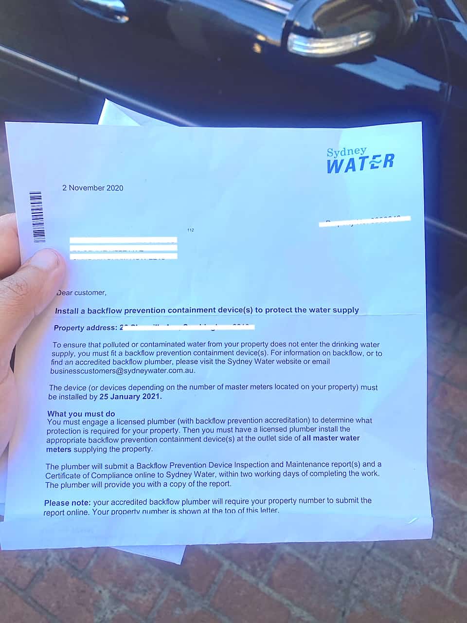 Sydney Water Install a Backflow Prevention Containment Device Request Letter