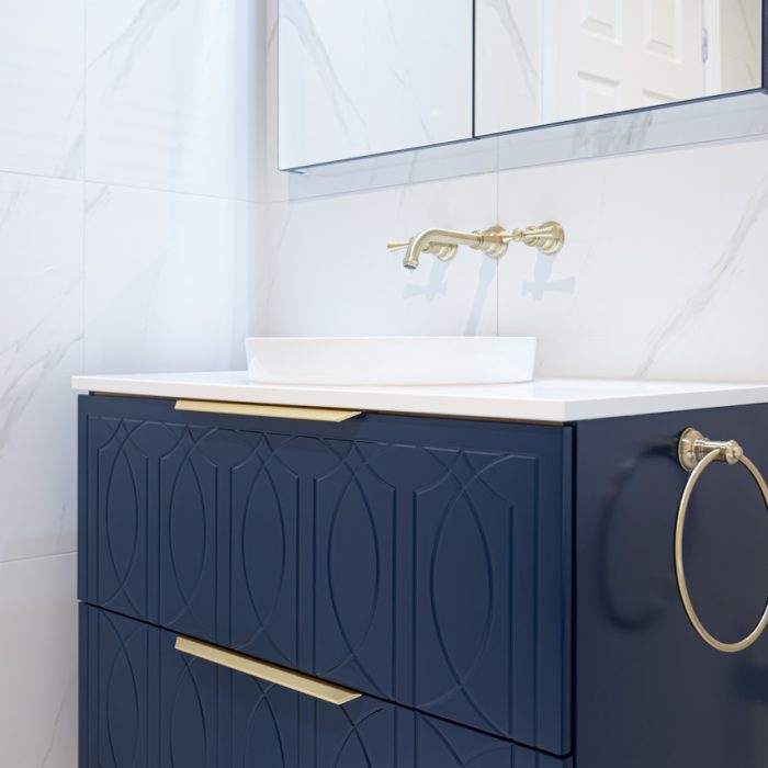 Main bathroom renovation in Loftus Sydney with blue vanity Main bathroom renovation in Loftus Sydney with blue vanity